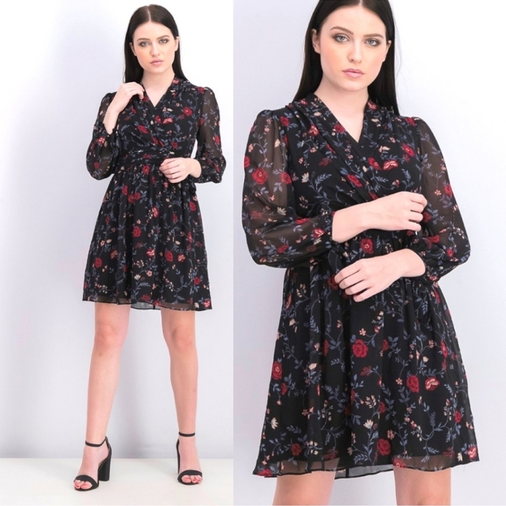 Gal Meets Glam Londyn Black Floral Faux Wrap Dress Women’s Size 4